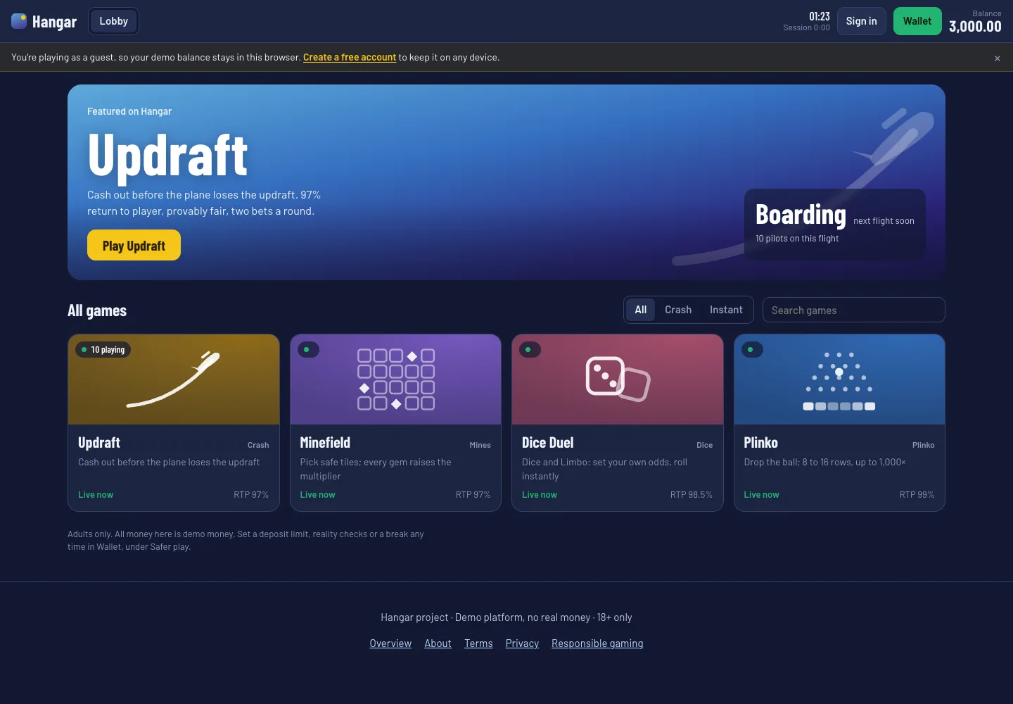 Hangar demo lobby showing the shared demo wallet, featured Updraft game and game catalogue
